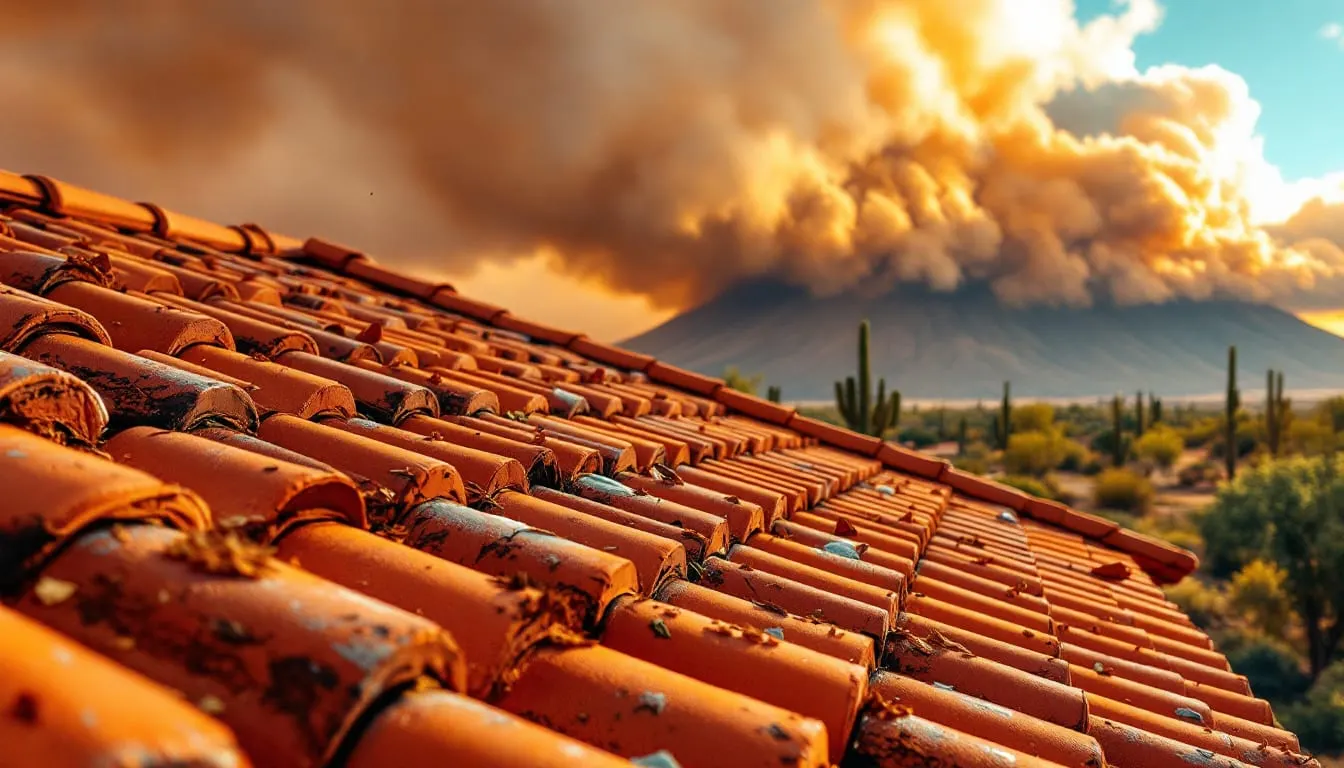 Phoenix roofer inspecting a tile roof for monsoon damage with a dust storm visible on the horizon