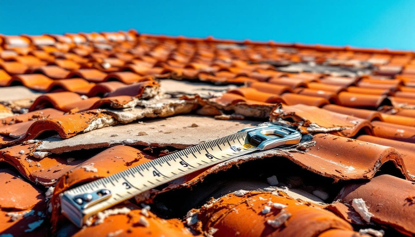 Insurance adjuster examining damaged roof tiles at a Phoenix home with the contractor's documentation visible