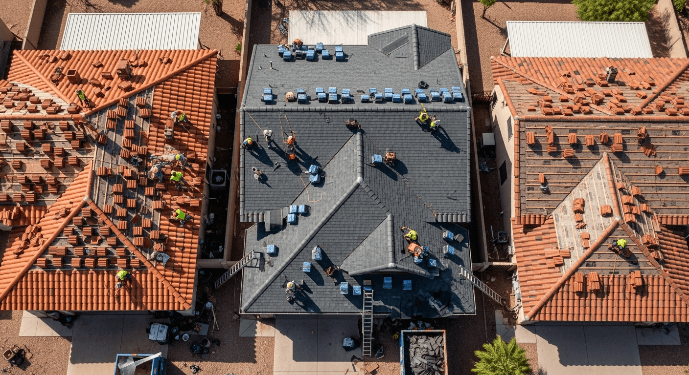 Phoenix Arizona residential rooftop replacement in progress with concrete tile being installed over new underlayment