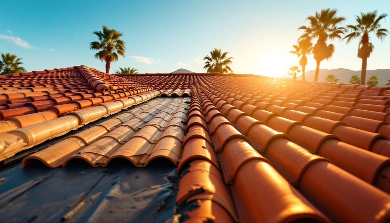 Spanish clay tile being installed on a Phoenix residential roof with the underlayment visible underneath