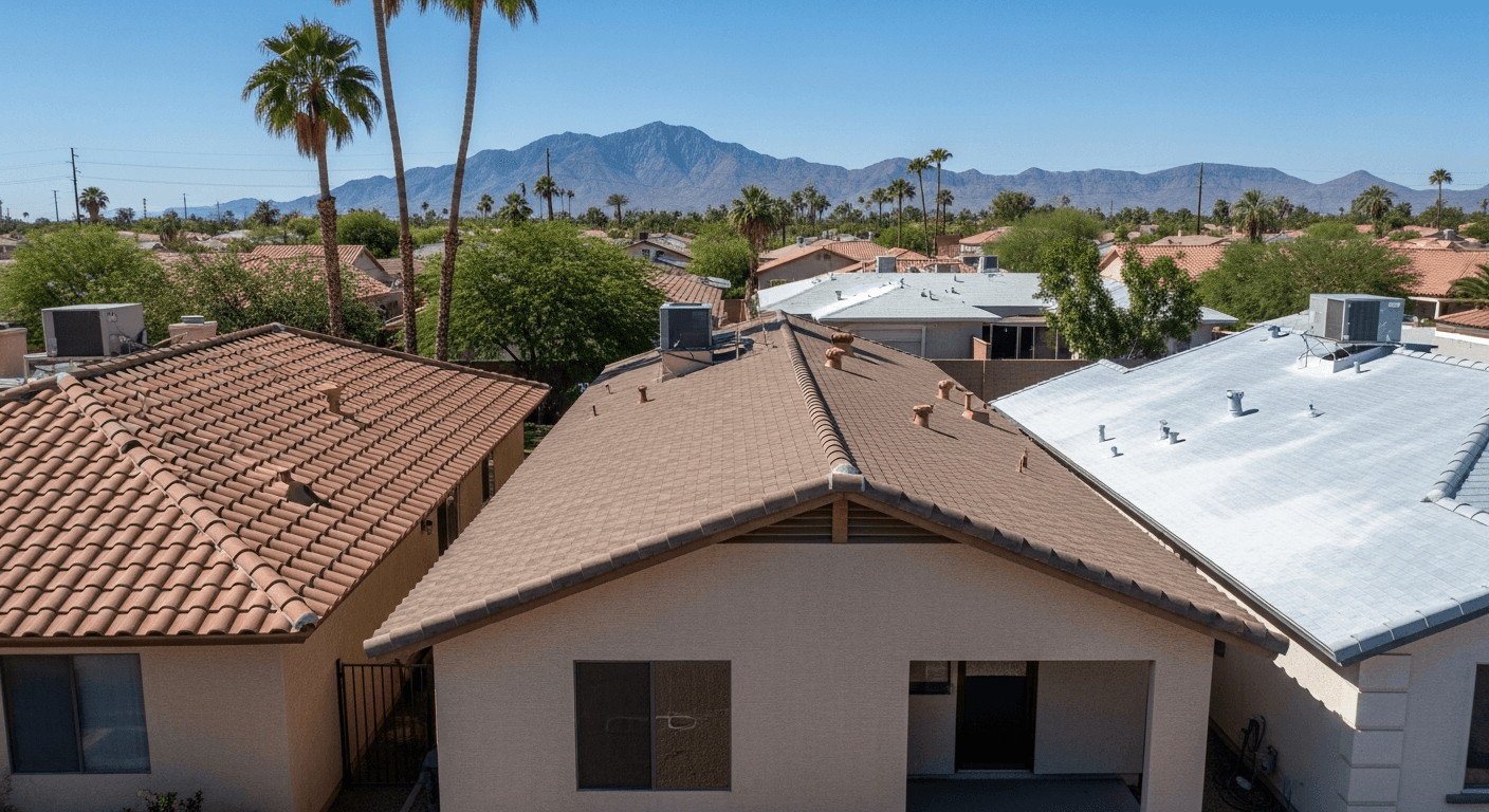 Ultra-realistic editorial aerial photograph of three Phoenix Arizona residential rooftops