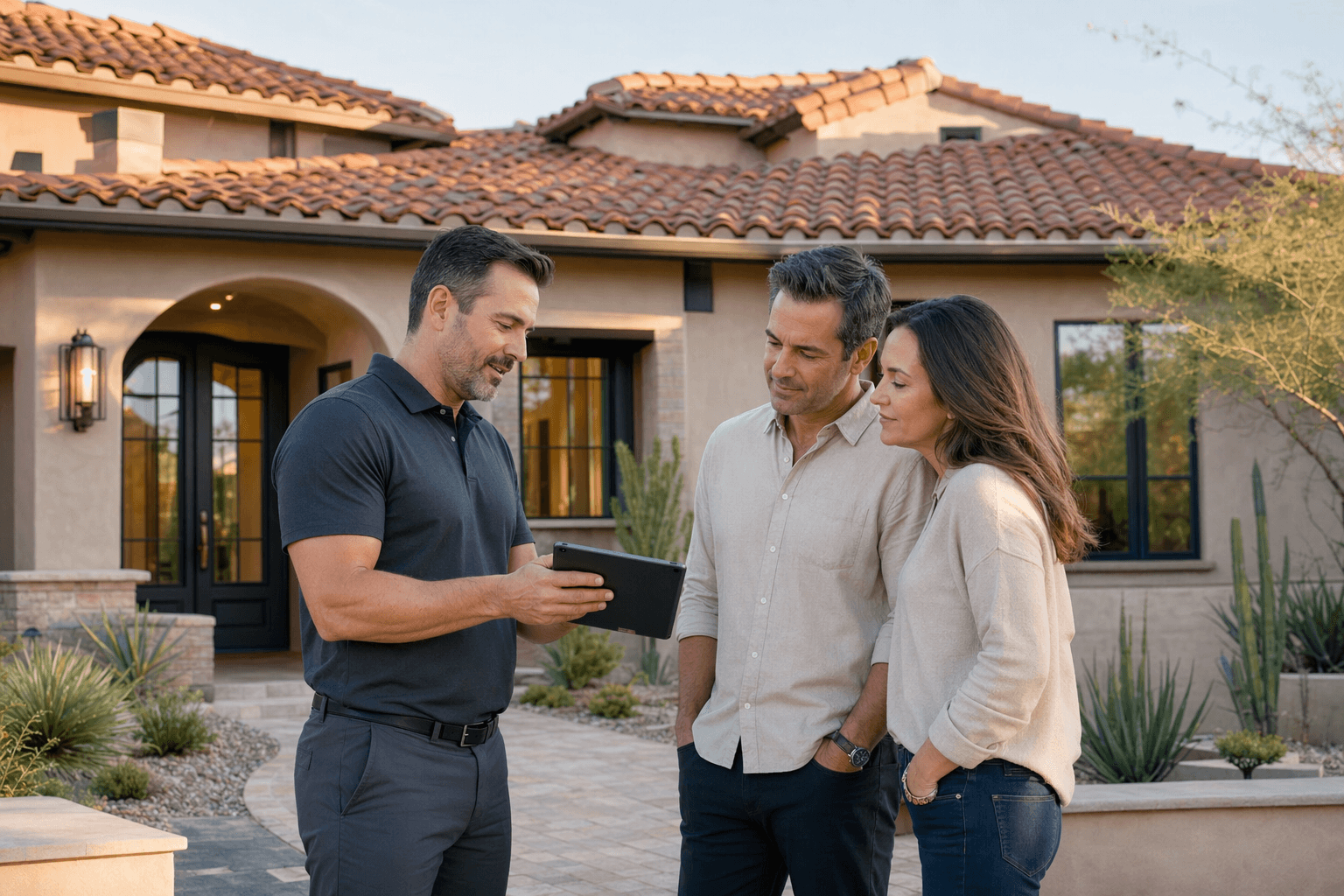 Roofing consultant reviewing inspection findings with homeowners outside a Phoenix-area home.